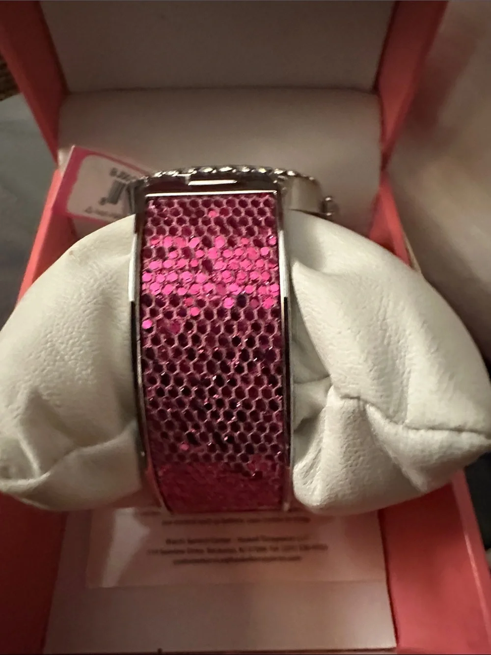 Betsey Johnson Silver-Tone Bangle Watch with Pink shimmer accents
